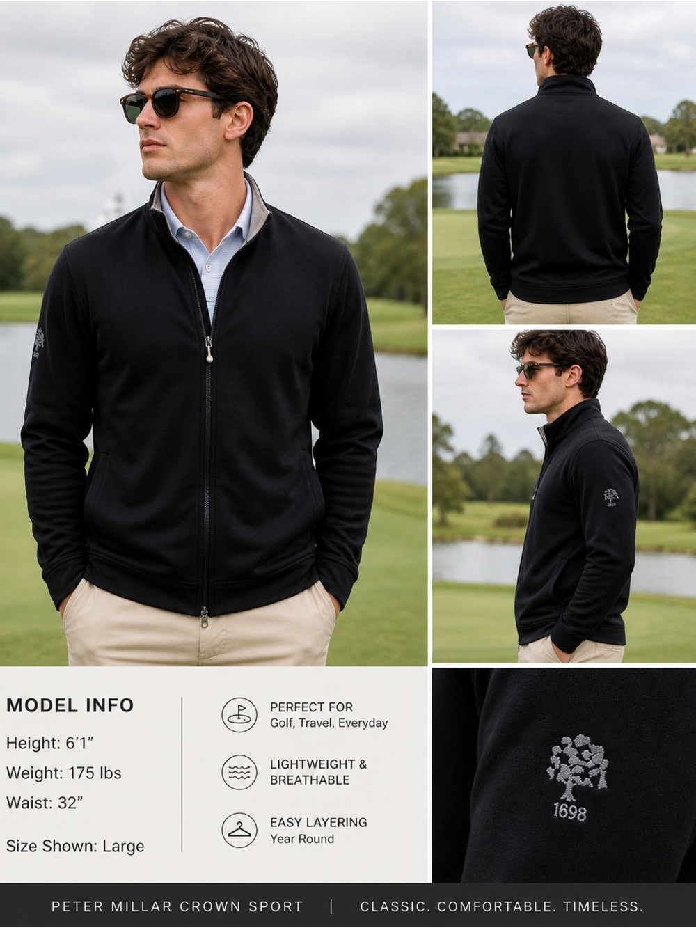 Peter Millar Crown Sport Full Zip Jacket Men’s Large Black Fleece Performance